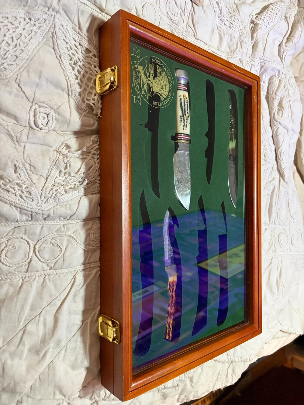 North American Hunting Club Collectors Wood Shadow Box with Green Felt Insert.